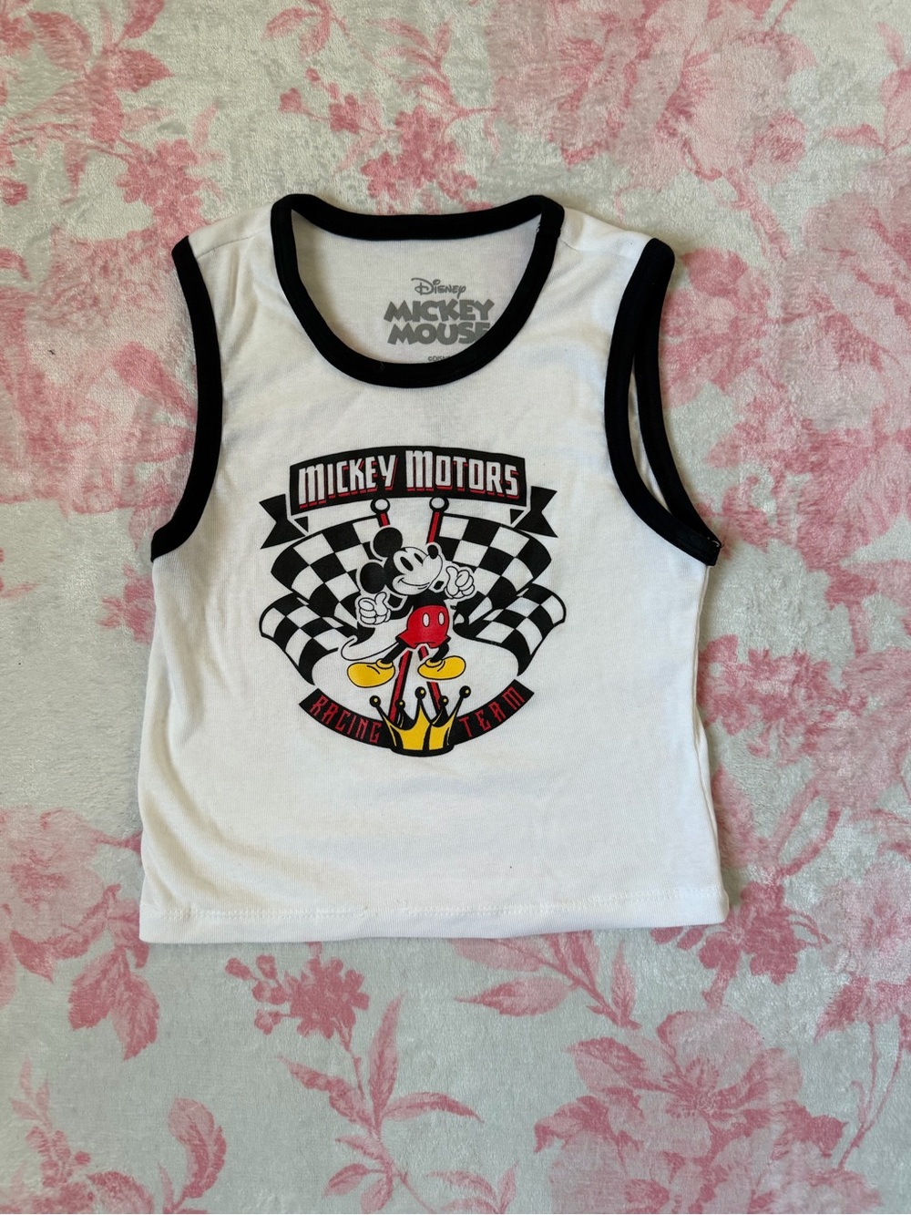 Fashion Nova White Tank Top with Black Trim and Racing Graphic